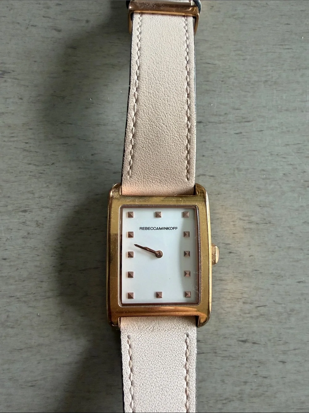 Rebecca Minkoff Gold-Tone Rectangular Watch with Pale Pink Leather Strap